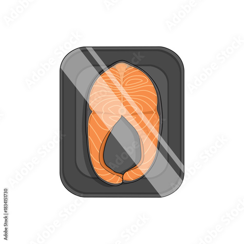 Vector illustration of packaged salmon meat in a styrofoam tray. 