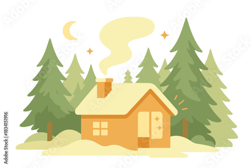 Cozy Winter Cabin. Evening snowy woods. Cabin chimney smoke curls gently into crisp winter air, light arcs and