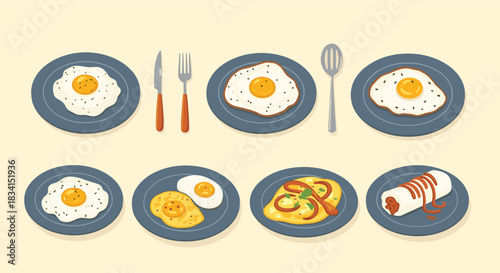 Variety of delicious egg breakfast dishes on blue plates including sunny side up scrambled omelette and a breakfast burrito.