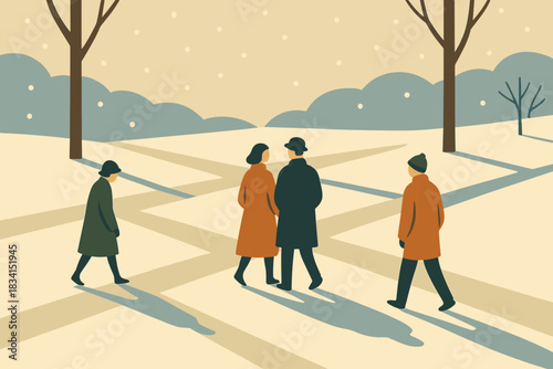 Winter Park Stroll. Winter stroll in park minimalist flat illustration of figures walking on geometric