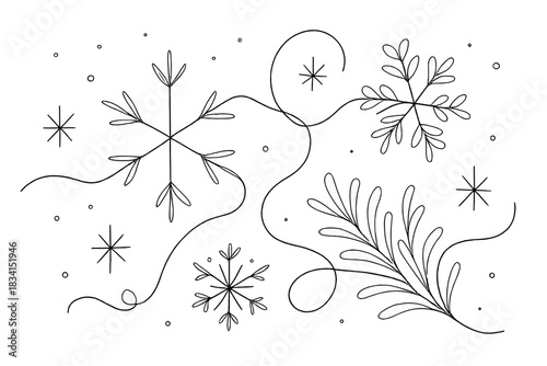 Minimalist Winter Design. Winter abstract background. Minimalistic one-line drawing scattered snow and frost