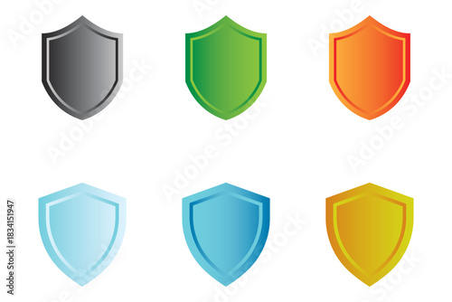 Set of badge or shield various design. Protect shield flat vector style. Shield shape with various color gradient. Design elements for concept of safety and protection. Vector illustration.