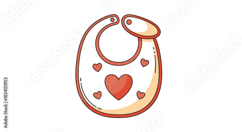 Simple and cute cartoon illustration of a baby bib with red heart decorations isolated on a plain white background for feeding time.