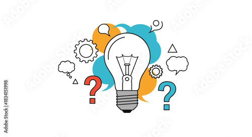 Creative concept illustration with a central lightbulb surrounded by colorful speech bubbles gears and question marks symbolizing ideas.
