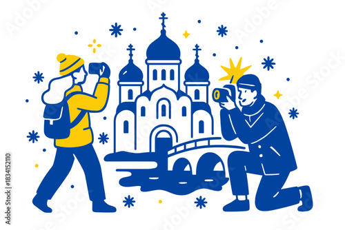 Winter Cathedral Photography. Winter sightseeing. Tourists photograph snowy cathedrals and bridges, snowflakes