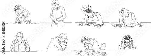 One line drawing, set of persons expressing frustration line art style collection, Emotional Stress persons hand drawn line vector art.
