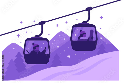 Ascending Snowy Slopes. European ski lift. Visitors ascend snowy slopes in gondolas, snowflakes and tiny spark