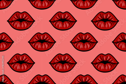 Seamless vector pattern featuring stylized pop art lips, red with black outlines, on solid coral pink background. Ideal for beauty, fashion, or romantic themes, Valentines Day.