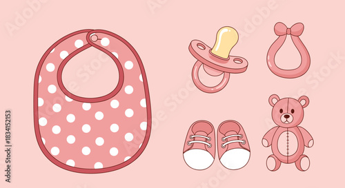 Set of cute pink baby girl accessories including a polka dot bib pacifier teether booties and a small teddy bear toy.