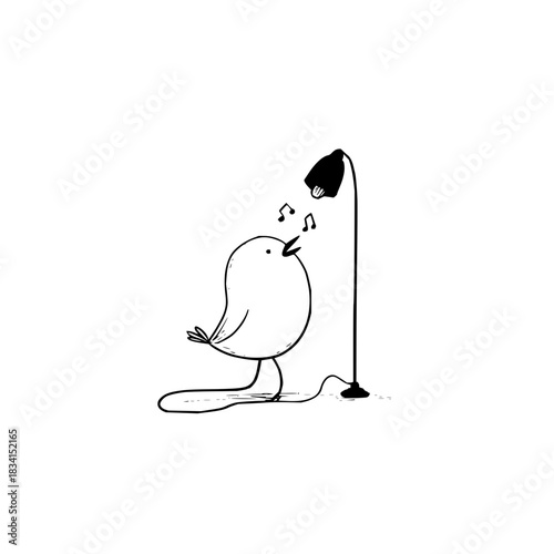 A cartoon bird sings under a lamp with musical notes floating above its head in black and white style