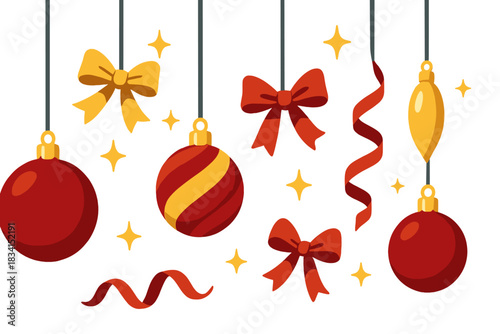 Festive Red and Gold. Red and gold holiday decorations. Shiny ornaments and ribbons in rich red and gold hues