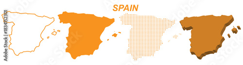 Spain Map Vector Set, European Outline Silhouette Dotted 3D Solid Shapes, Spain Country Infographic Template, Editable EPS Spain Geography