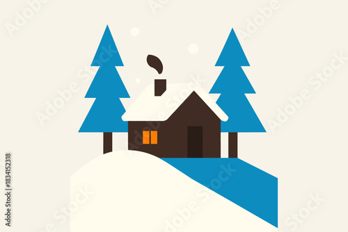 Minimalist Snowy Cabin. Cozy cabin in snowy woods. geometric sans heavy, flat fills, long angled cold shadows,