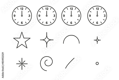 Midnight Clock Icons. Midnight clock countdown. Line outline icon set of Midnight clock countdown: round clock