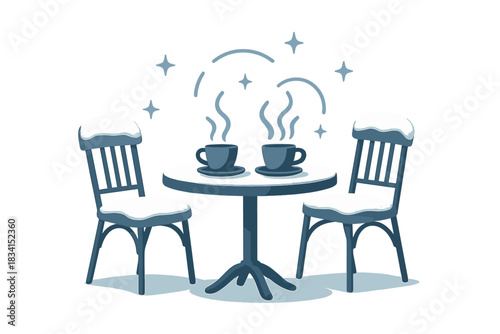Frosty Coffee Delight. Frosty morning coffee. Outdoor café scene with snow-covered chairs, steam rising from