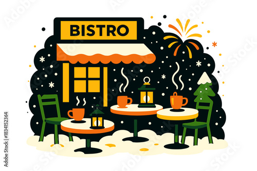 Festive Snowy Bistro. Snow-covered bistro. Tables with hot drinks and lanterns, snowflakes drift softly,