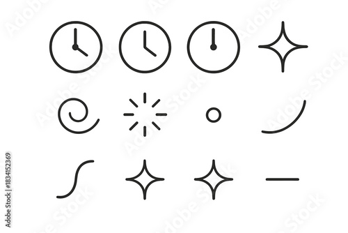 Clock Icon Set. Clock highlights. Line outline icon set of Clock highlights: hour hand, minute hand, second