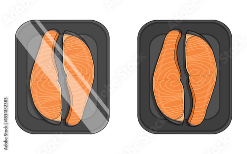 Fresh salmon slices placed neatly in a white styrofoam food tray, showing their bright orange color and clean, natural texture.