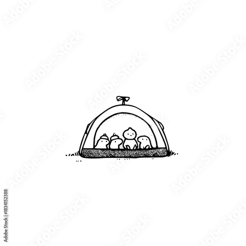 Illustration of a camping tent with four cartoon characters inside on a white background sketch style
