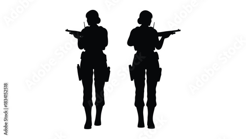 Silhouette of female soldiers with rifles on white background