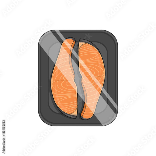 Fresh salmon slices placed neatly in a white styrofoam food tray, showing their bright orange color and clean, natural texture.