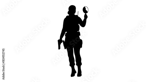 Silhouette of swat officer with gun and pie chart inspection