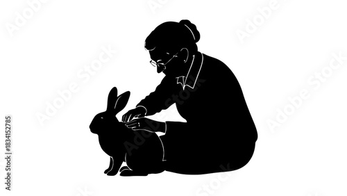 Illustration of woman petting rabbit black and white artwork