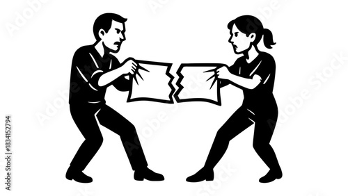 Couple tearing paper conflict disagreement relationship problem