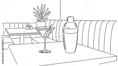 Line art cocktail shaker and martini glass on restaurant table