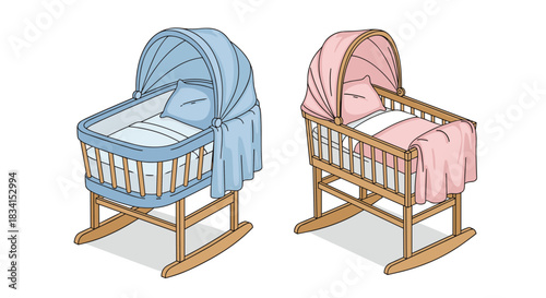 Two adorable rocking baby bassinets with canopies one in blue for a boy and one in pink for a girl for a nursery.