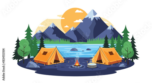 Beautiful landscape illustration of a campsite with two tents a bonfire and a cooking pot by a lake in the mountains at sunset.
