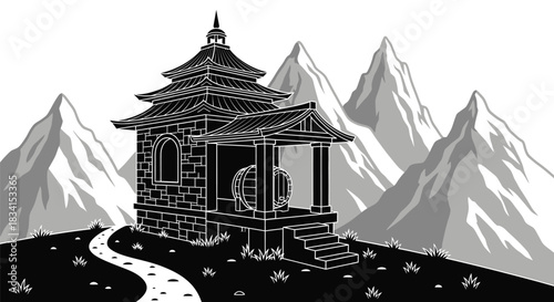 Japanese pagoda illustration with mountains black and white design