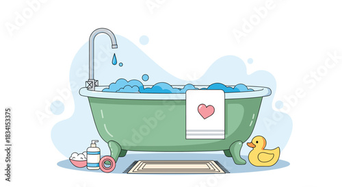 Cozy bathroom scene illustration with a vintage clawfoot bathtub full of bubbles a rubber duck and bath time accessories.