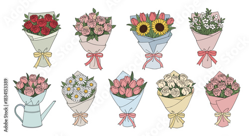Beautiful collection of nine different flower bouquets with roses tulips daisies and sunflowers wrapped in paper with bows.