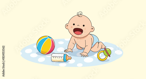 Adorable cartoon of a happy baby in a diaper crawling on a blue polka dot mat with a ball bottle and rattle toy.