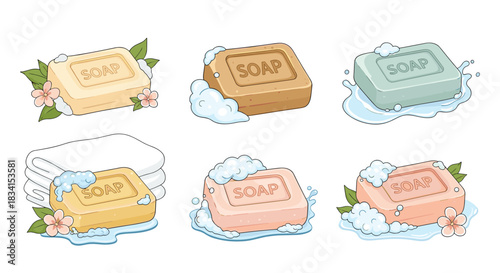 Charming collection of various soap bars with bubbles some on a towel and decorated with flowers for a spa-like feel.