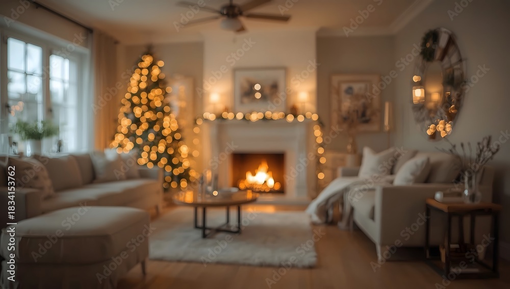 Fototapeta premium Relaxing Christmas Atmosphere - Soft Fireplace Glow & Beautiful Tree Lights