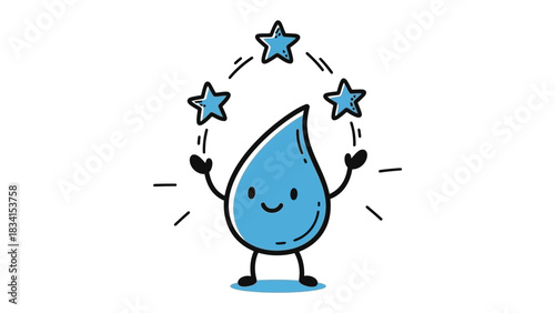 Juggling Water Drop: A whimsical illustration of a water drop character happily juggling stars. A fun and creative depiction