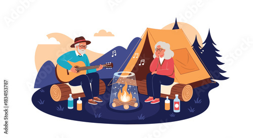 Lovely illustration of a happy senior couple camping in the wilderness enjoying a campfire while the man plays the guitar.