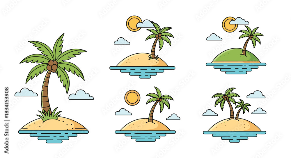 Obraz premium Collection of five simple and cute cartoon illustrations of tropical islands with palm trees the sun and fluffy white clouds.