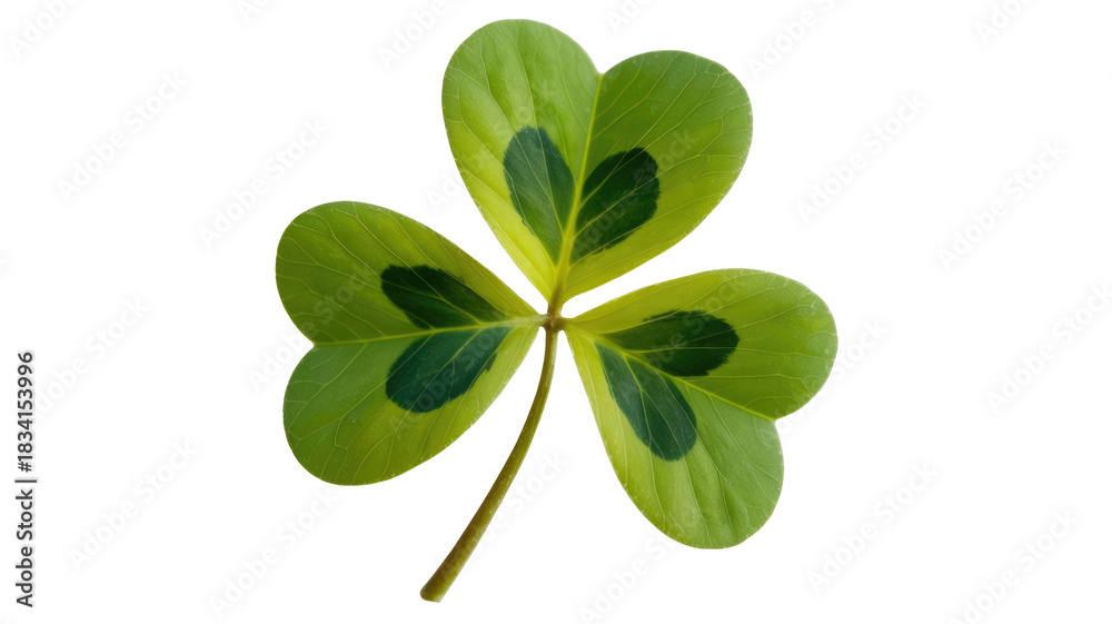 Obraz premium This image features a vibrant three-leaf clover, or shamrock, with distinctive light and dark green variegation on its leaves. background removed