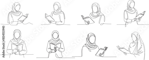 Set of continuous line drawing of a Muslim female teacher wearing a hijab and book is held in her right hand, line Art drawing, vector style.