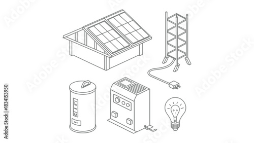 Illustration of solar panel system with battery and other components