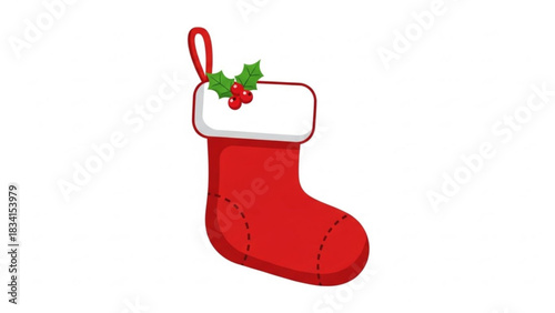 A festive red christmas stocking with a white cuff adorned with holly and berries perfect for holiday decorations and gifts