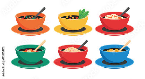 Set of six colorful bowls filled with different types of soup or dessert each served on a matching saucer with a spoon.