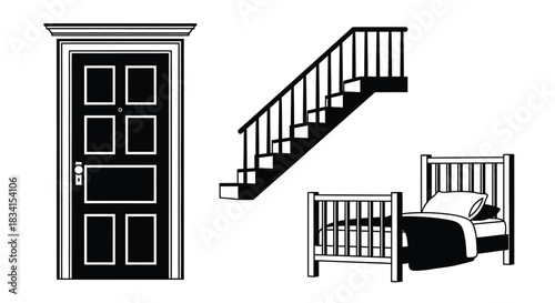 Door stairs bedroom interior design vector illustration black white