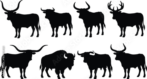 Bull, Buffalo, Bison, and Horned Cattle Silhouette Icons Set, Wild and Domestic Animal, Mammal, Farm, Strong Figure, Flat Vector Illustration Collection