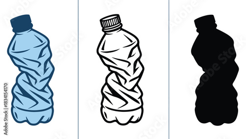 Illustrations of a crushed plastic water bottle in different styles