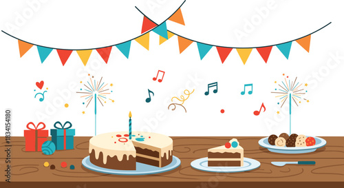 Festive birthday party table scene with a delicious cake presents sparkling decorations and colorful bunting flags on the wall.