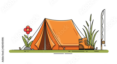 Minimalist line art illustration of a campsite with an orange tent hiking boots a flower and a fishing rod in the grass.